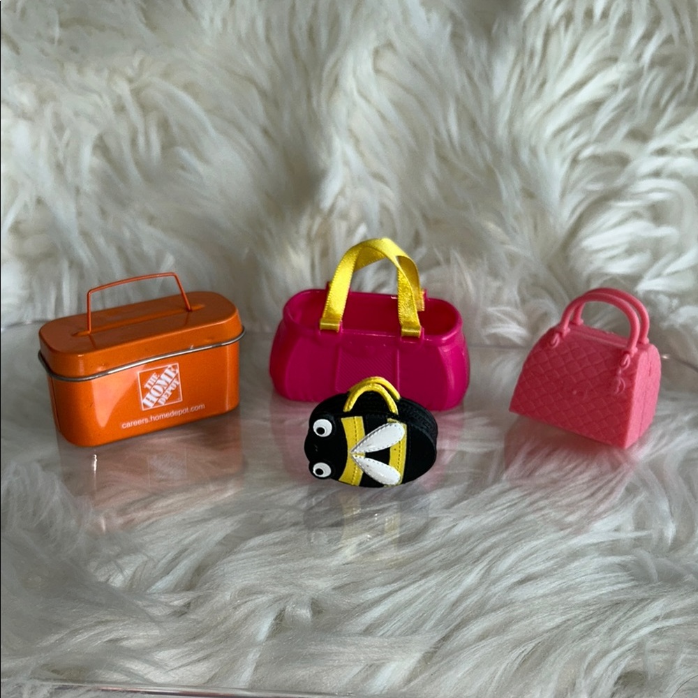 Miniature Pink and Orange Doll Accessories Toy Purse Toolbox Bee Set